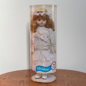 Classic Porcelain Doll in White Dress with Hat